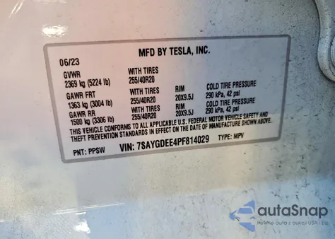2023 Tesla Model Y z USA, uszkodzony, nr VIN 7SAYGDEE4PF814029